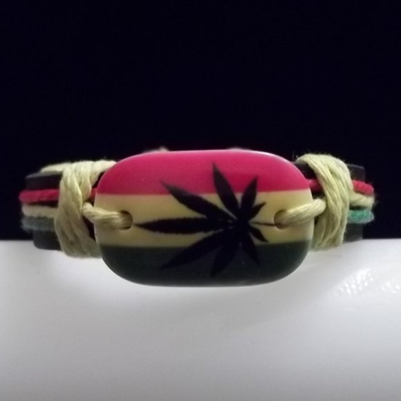 *5/35*  Genuine Leather and Hemp Cord Rasta Bracelet - Picture 2 of 4